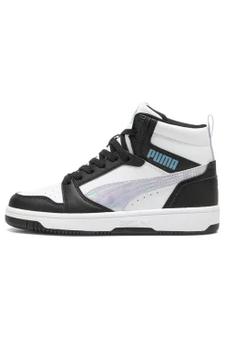 Puma Rebound V6 Mid Space Belle Jr – Schwarze und weiße High-Top-Sneaker mit schillernden Details