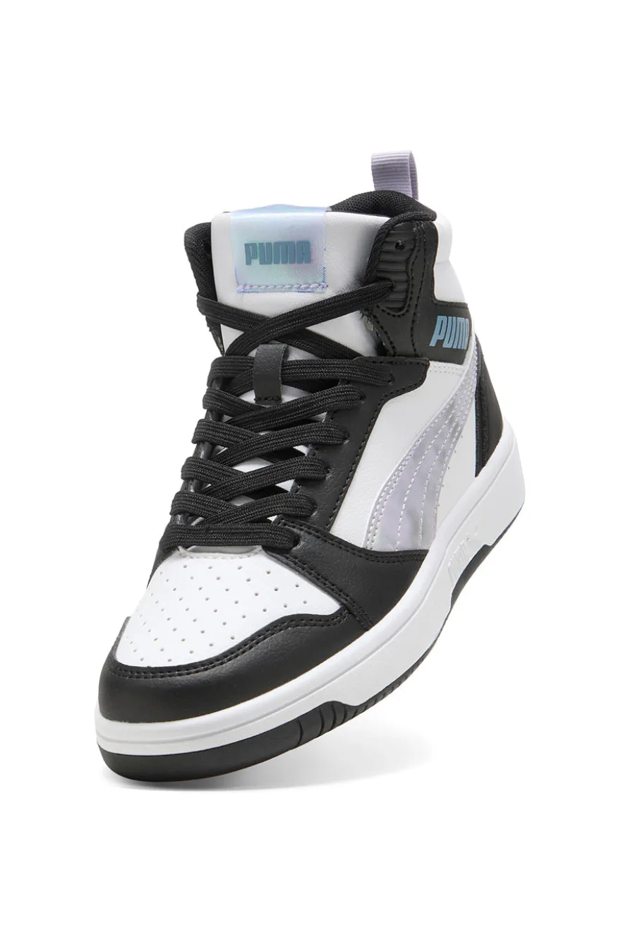 Puma Rebound V6 Mid Space Belle Jr – Schwarze und weiße High-Top-Sneaker mit schillernden Details
