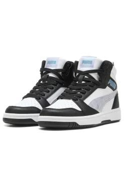 Puma Rebound V6 Mid Space Belle Jr – Schwarze und weiße High-Top-Sneaker mit schillernden Details