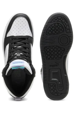 Puma Rebound V6 Mid Space Belle Jr – Schwarze und weiße High-Top-Sneaker mit schillernden Details