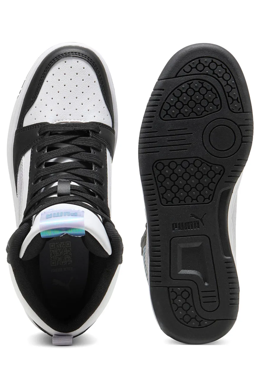 Puma Rebound V6 Mid Space Belle Jr – Schwarze und weiße High-Top-Sneaker mit schillernden Details