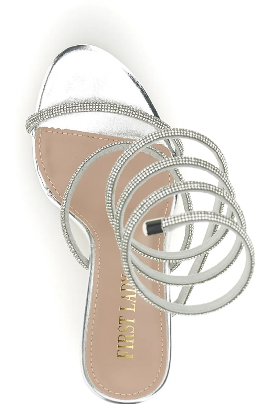 Sandali argento con strass e laccio a spirale First lady P711
