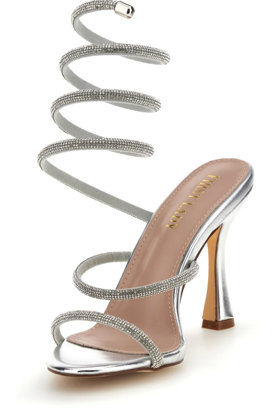 Sandali argento con strass e laccio a spirale First lady P711