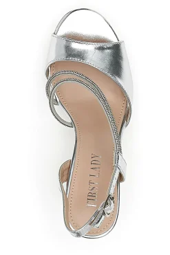 Sandali Argento Con Tacco 9,5 Cm e Strass Da Donna First Lady 455
