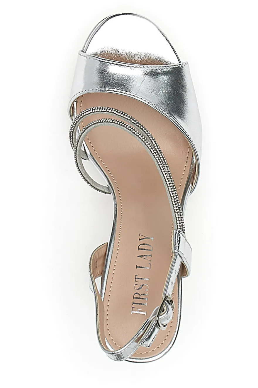 Sandali Argento Con Tacco 9,5 Cm e Strass Da Donna First Lady 455