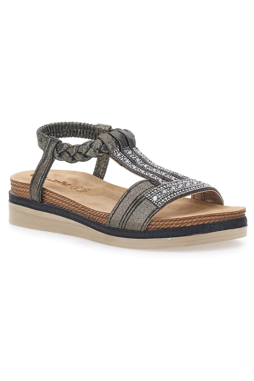 Sandali bassi neri con strass e fascia intrecciata INBLU 11 MF