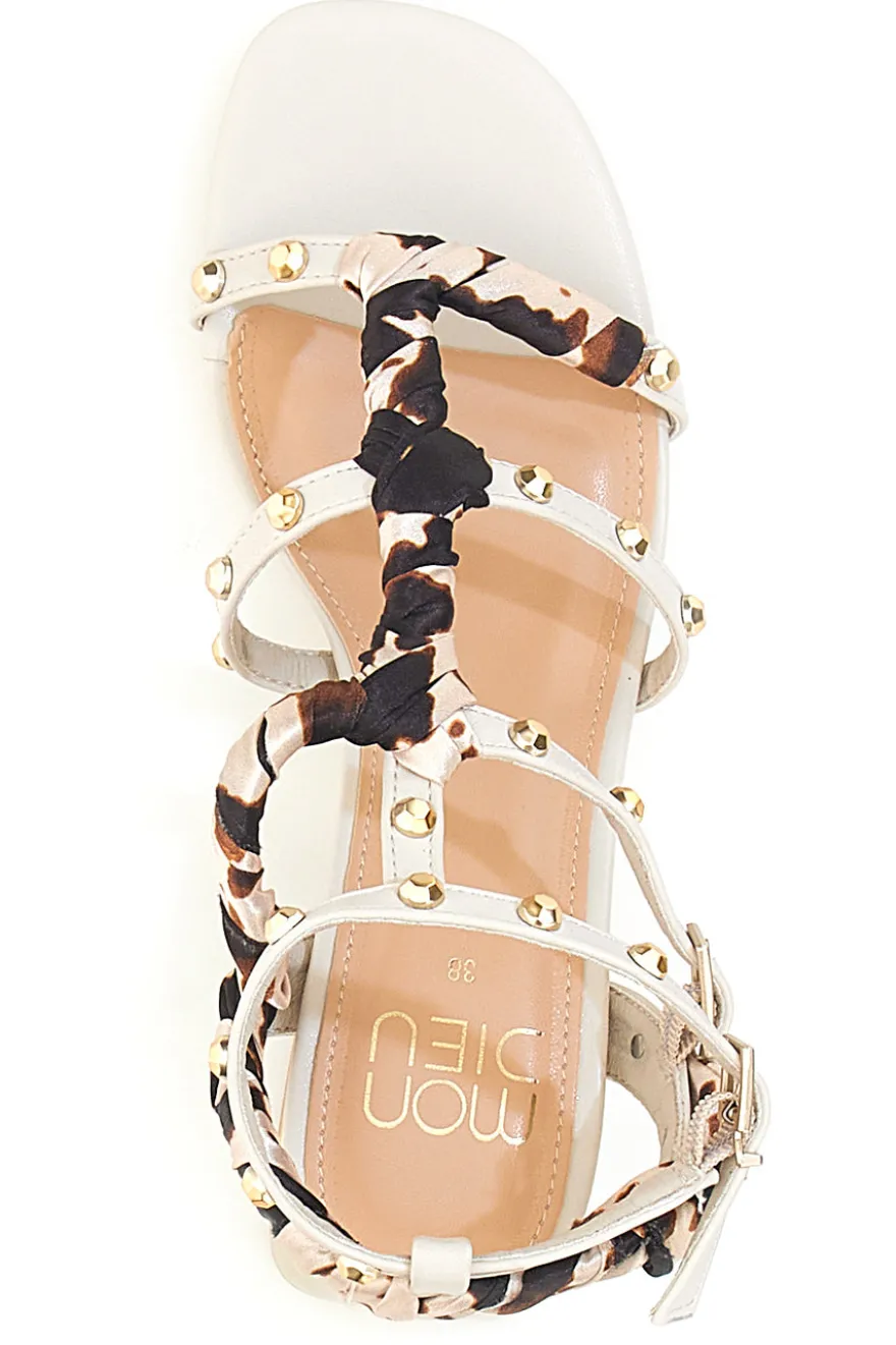Sandali beige con borchie, lacci animalier e tacco geometrico Mon Dieu 1652