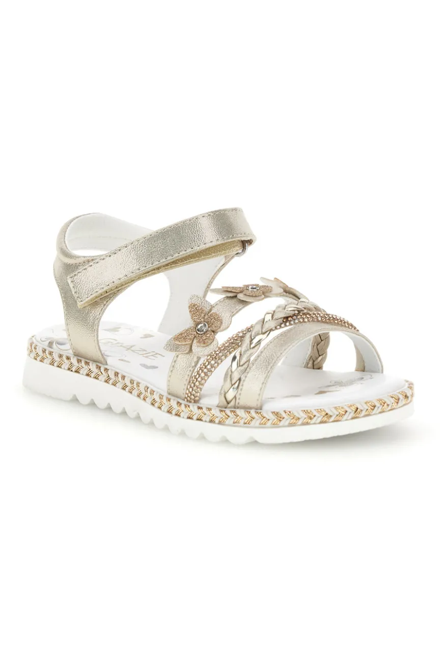 Sandali beige con strappo in velcro e applicazioni floreali Grazie girl 15022