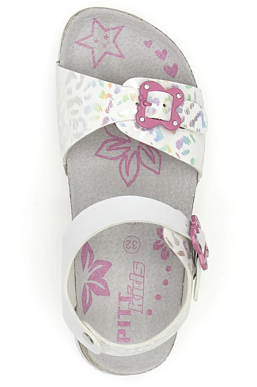Sandali bianchi con dettagli iridescenti e fibbie rosa PITT KIDS 14505