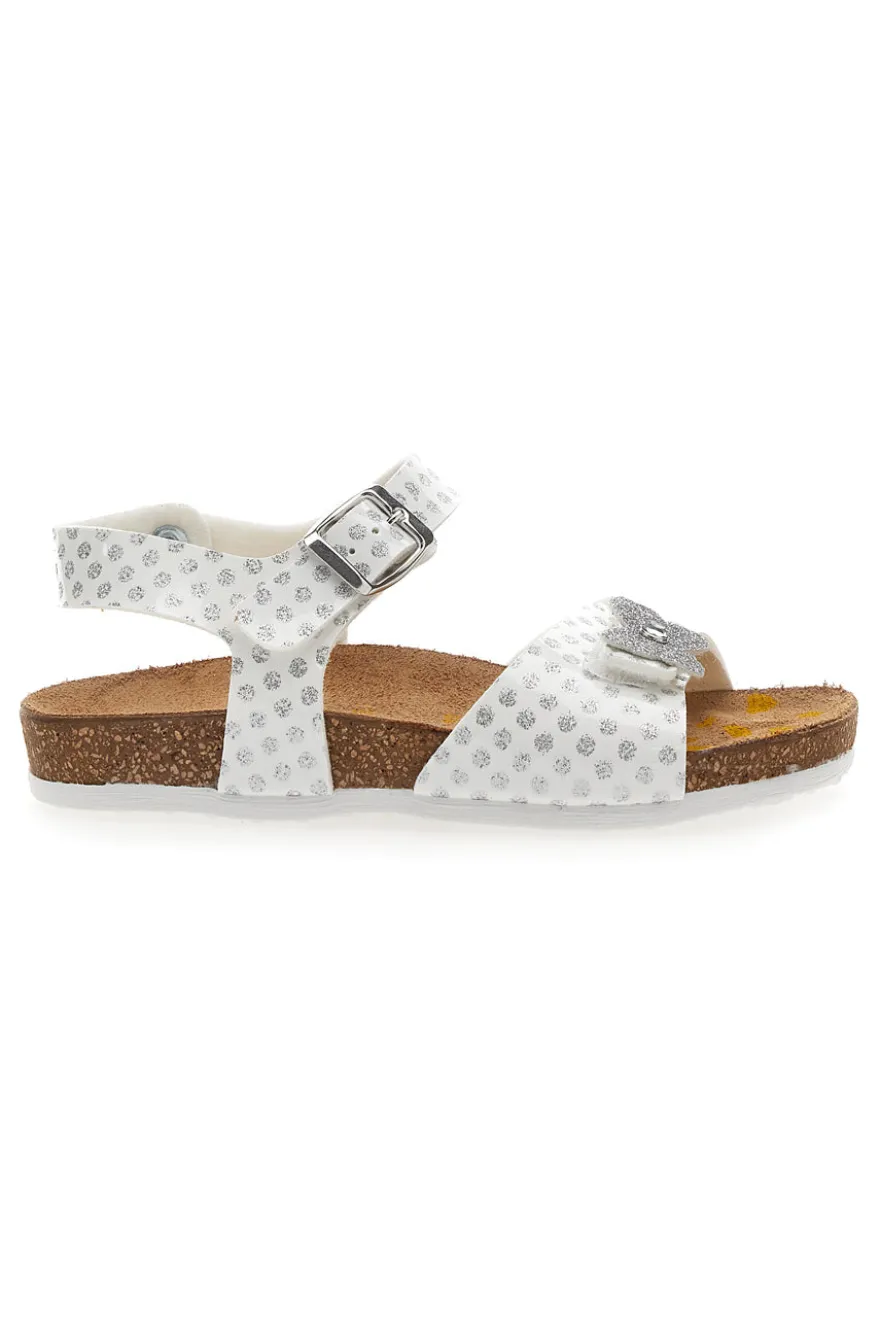 Sandali Bianchi con Pois e Farfalla Argento Glitter Pittarello Bio 257112
