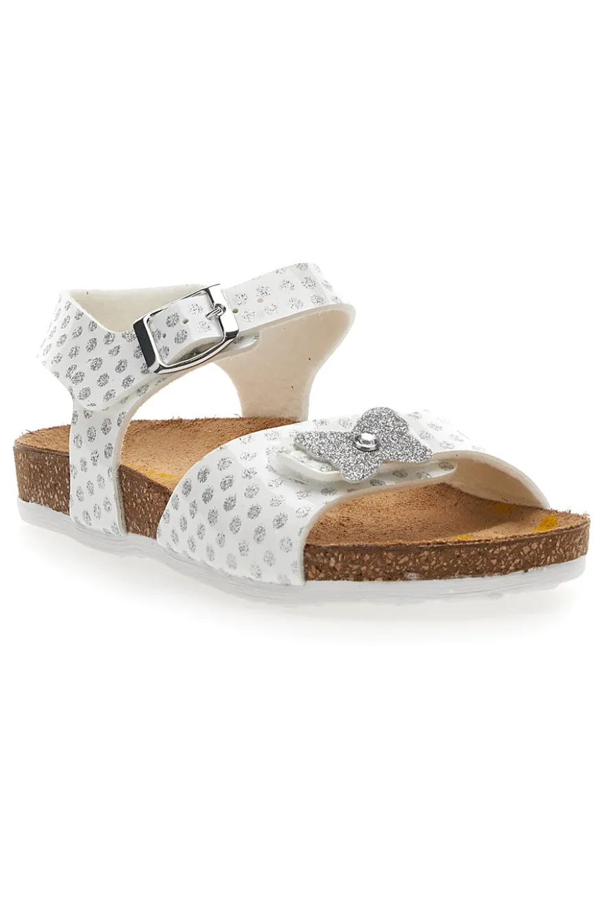 Sandali Bianchi con Pois e Farfalla Argento Glitter Pittarello Bio 257112