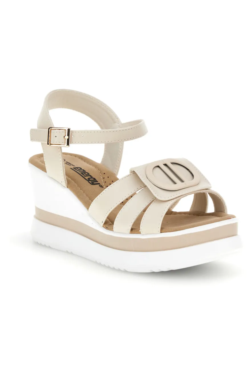 Sandali bianchi e beige con zeppa e dettaglio decorativo Energy E482