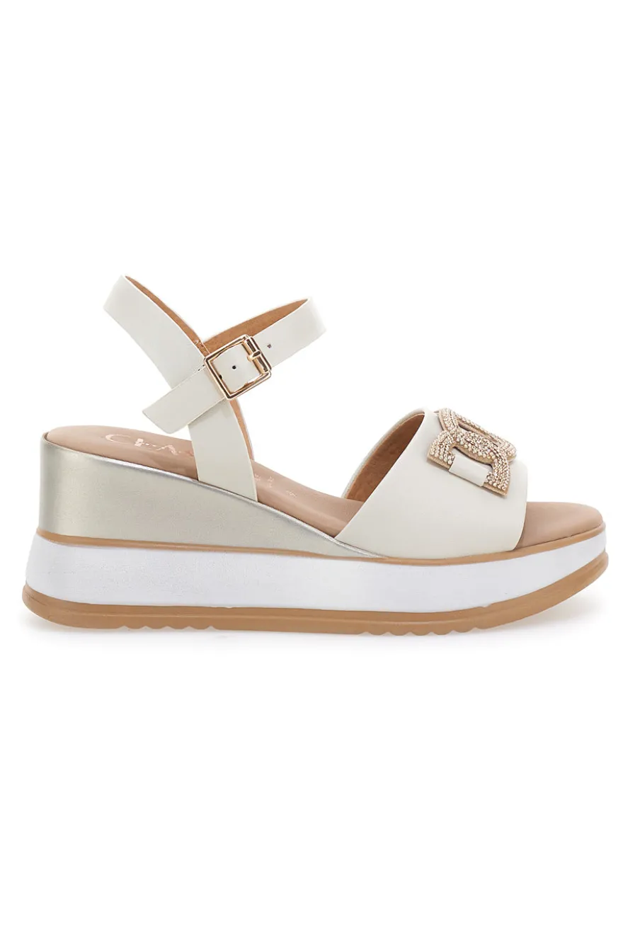 Sandali bianchi in pelle con catena e zeppa Made in Italy Pittarello Class 21249