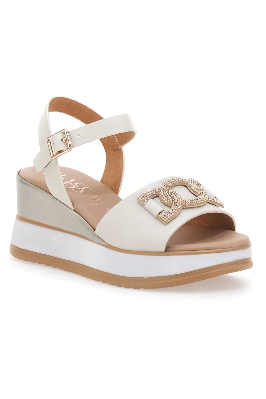 Sandali bianchi in pelle con catena e zeppa Made in Italy Pittarello Class 21249