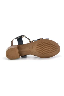 Sandali blu in pelle con tacco basso e listini Pittarello look 243110
