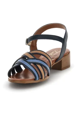 Sandali blu in pelle con tacco basso e listini Pittarello look 243110