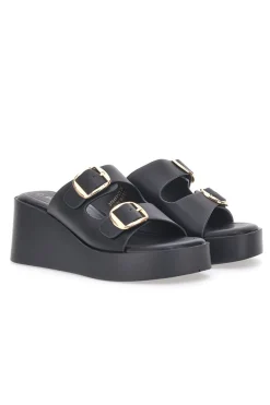 Sandali con zeppa neri con doppia fibbia oro Rock'n Doll 3T848223