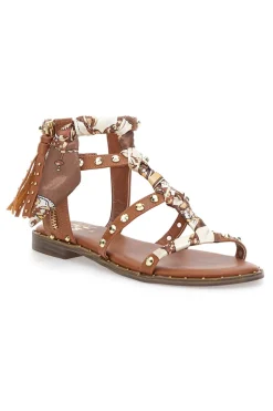 Sandali cuoio con borchie e lacci animalier Me & Me 1660