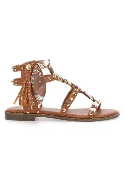 Sandali cuoio con borchie e lacci animalier Me & Me 1660