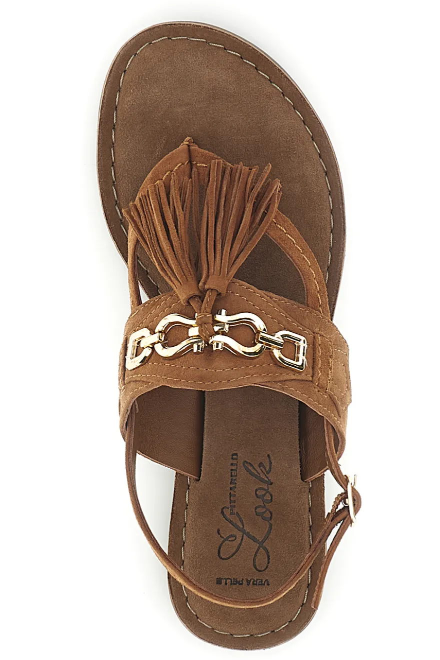 Sandali marroni in vera pelle infradito con frange Pittarello look IF6797