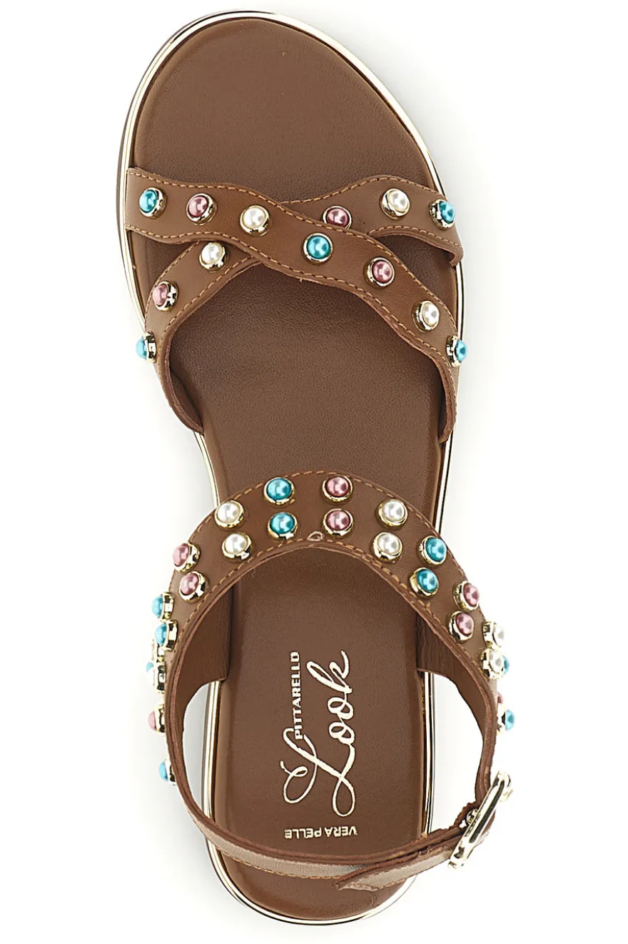 Sandali marroni in vera pelle con borchie multicolor Pittarello look IF6980