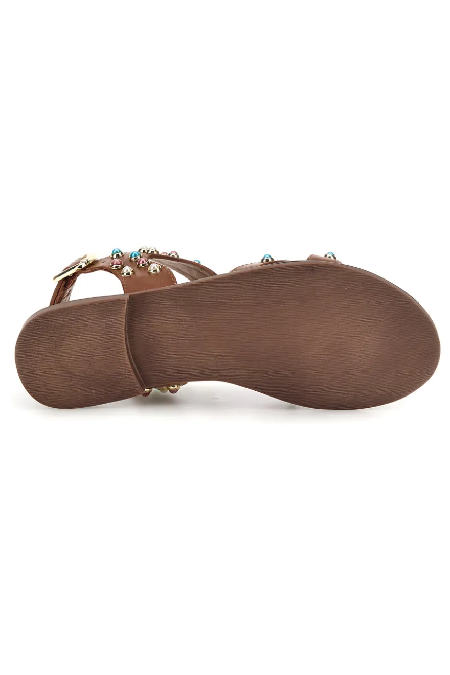 Sandali marroni in vera pelle con borchie multicolor Pittarello look IF6980