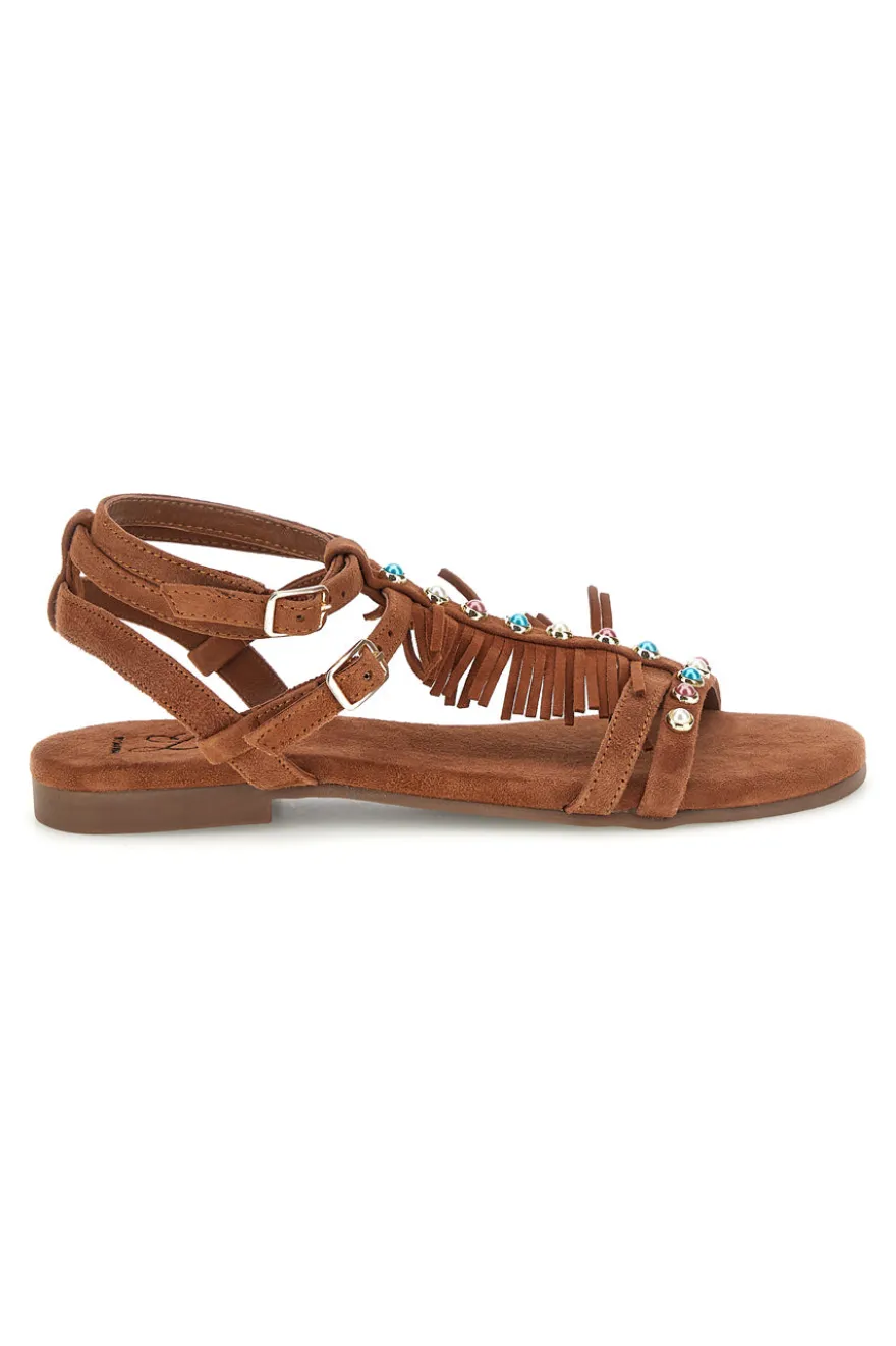 Sandali marroni in vera pelle con borchie e frange Pittarello look IF6927