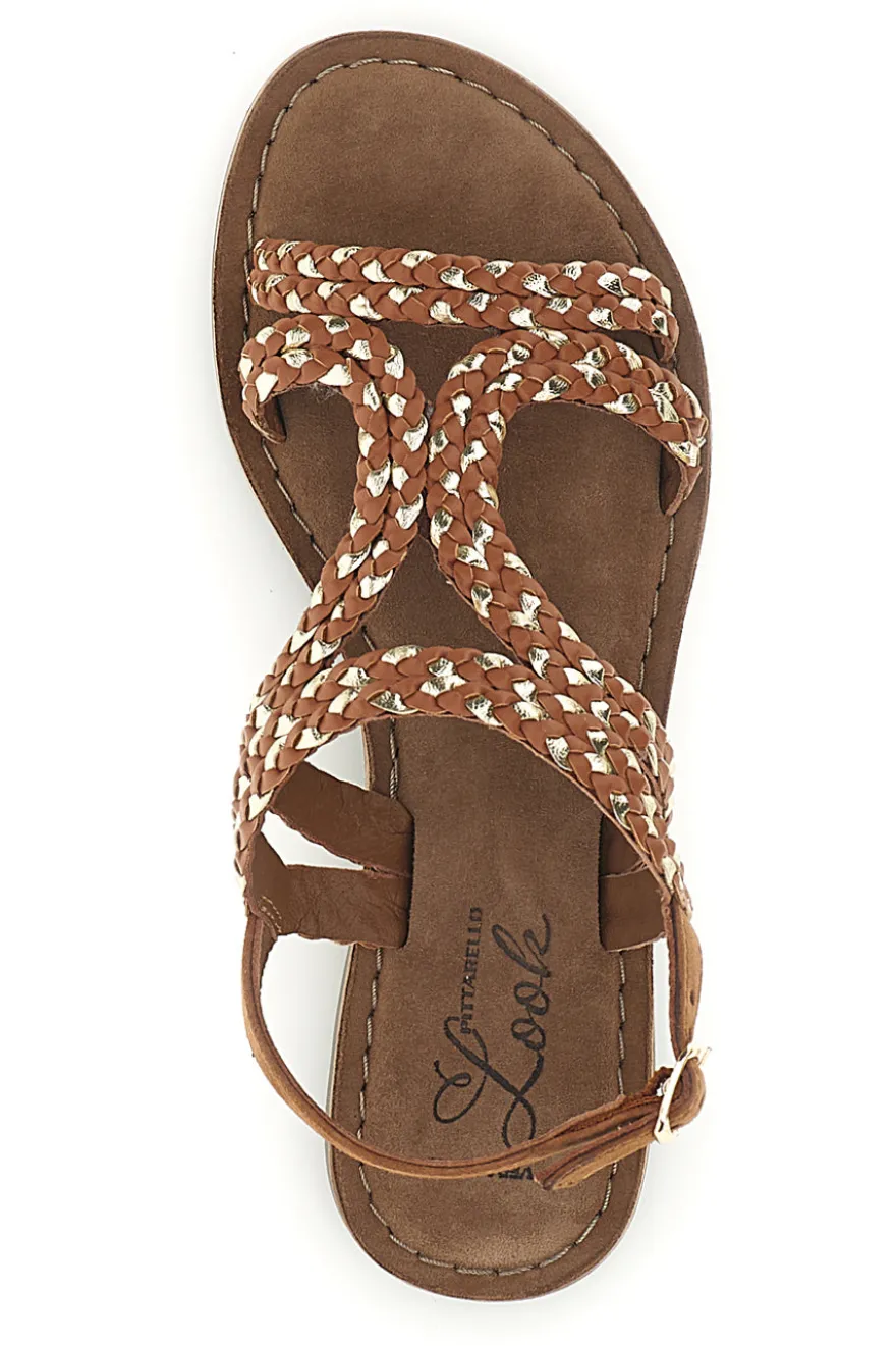 Sandali marroni in vera pelle con fasce intrecciate Pittarello look IF10104