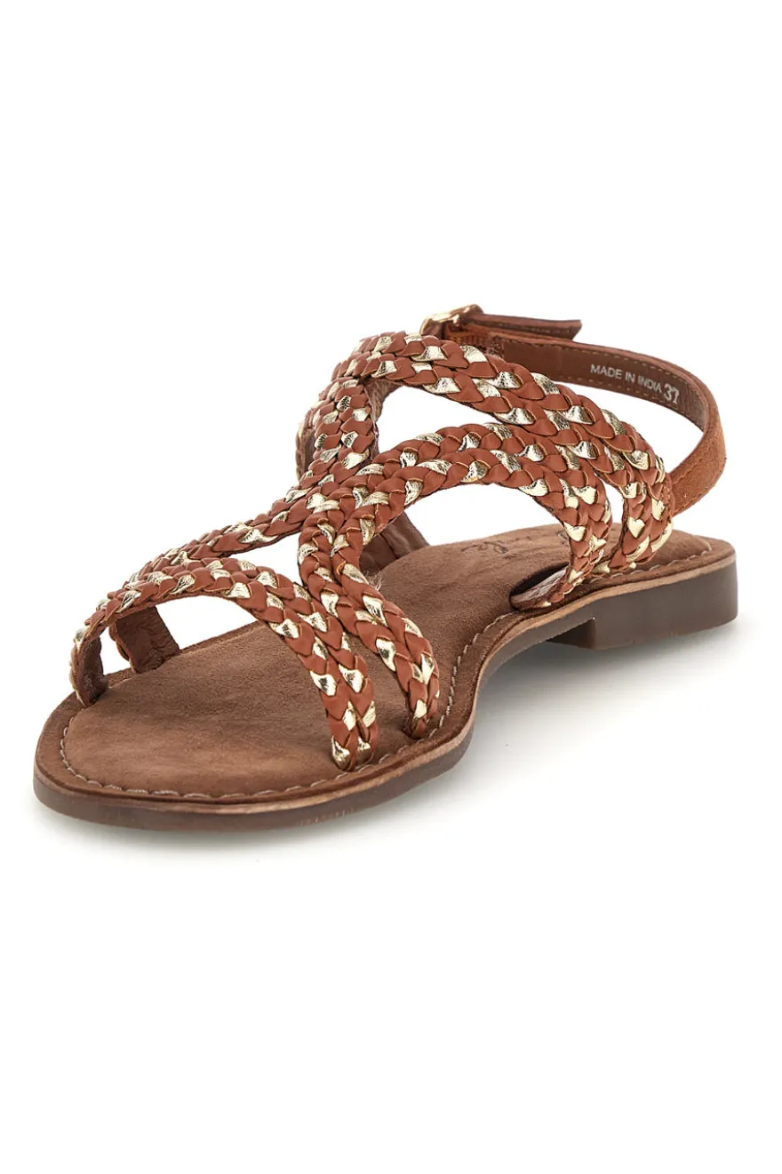 Sandali marroni in vera pelle con fasce intrecciate Pittarello look IF10104