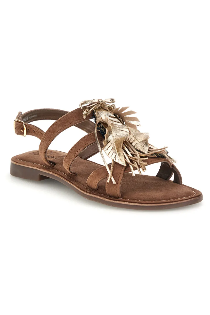 Sandali marroni in vera pelle con frange e decoro frontale Pittarello look IF8162