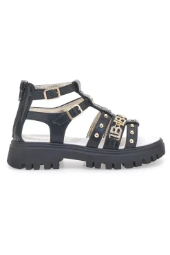 Sandali neri con borchie oro con sottopiede in pelle Laura Biagiotti 96219486