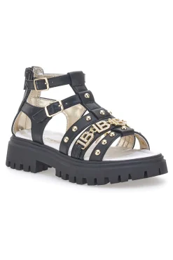 Sandali neri con borchie oro con sottopiede in pelle Laura Biagiotti 96219486