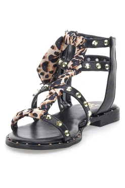 Sandali neri con borchie e lacci animalier Me & Me 1660