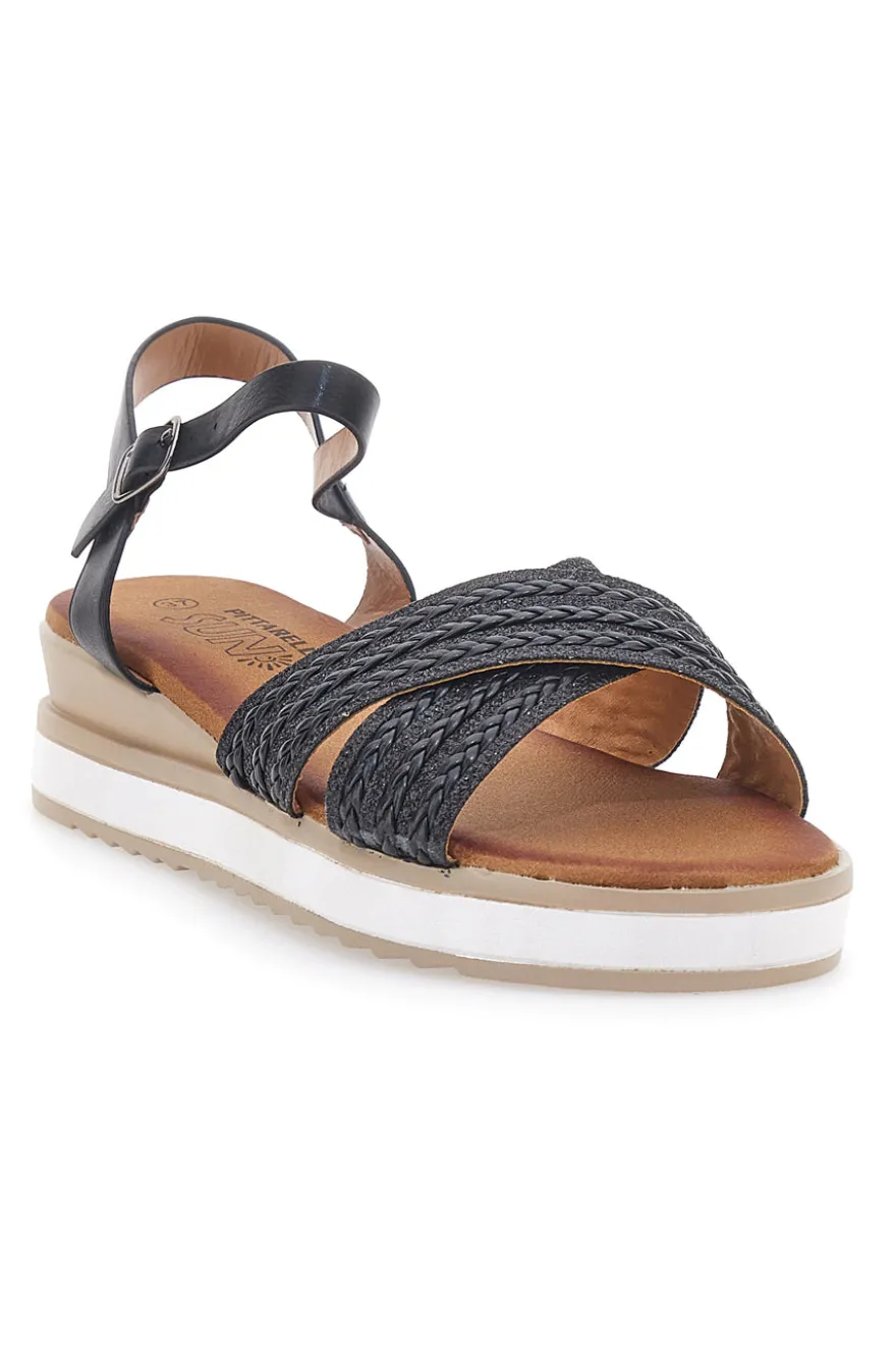 Sandali neri con fasce glitterate e zeppa bassa PITTARELLO SUN CH2071B02