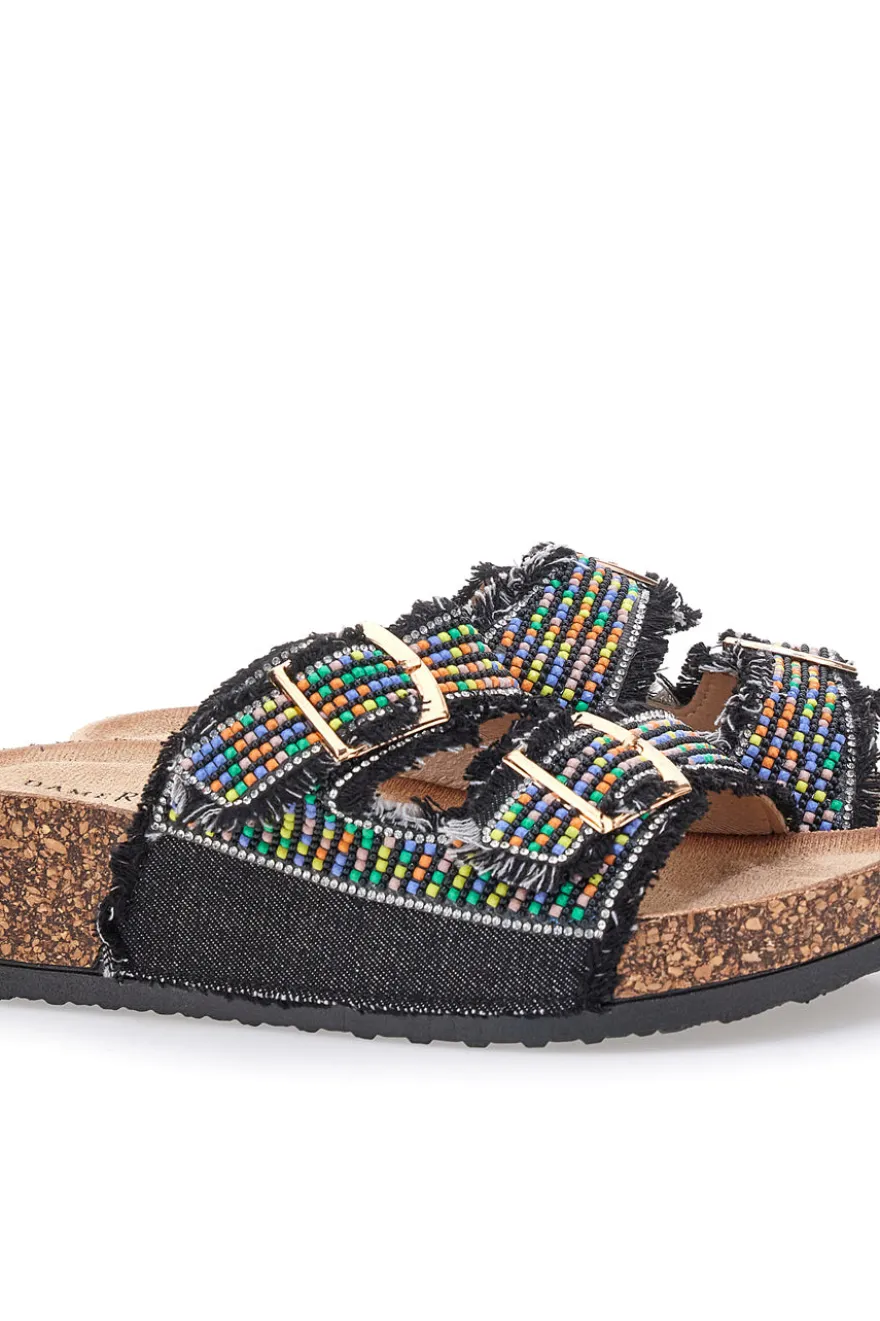 Sandali neri con perline multicolor e doppia fibbia Dame Rose APY66