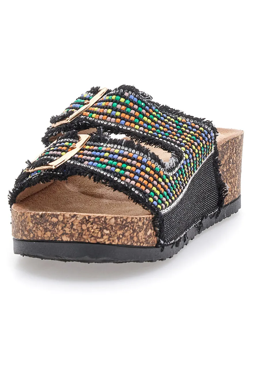 Sandali neri con perline multicolor e doppia fibbia Dame Rose APY66