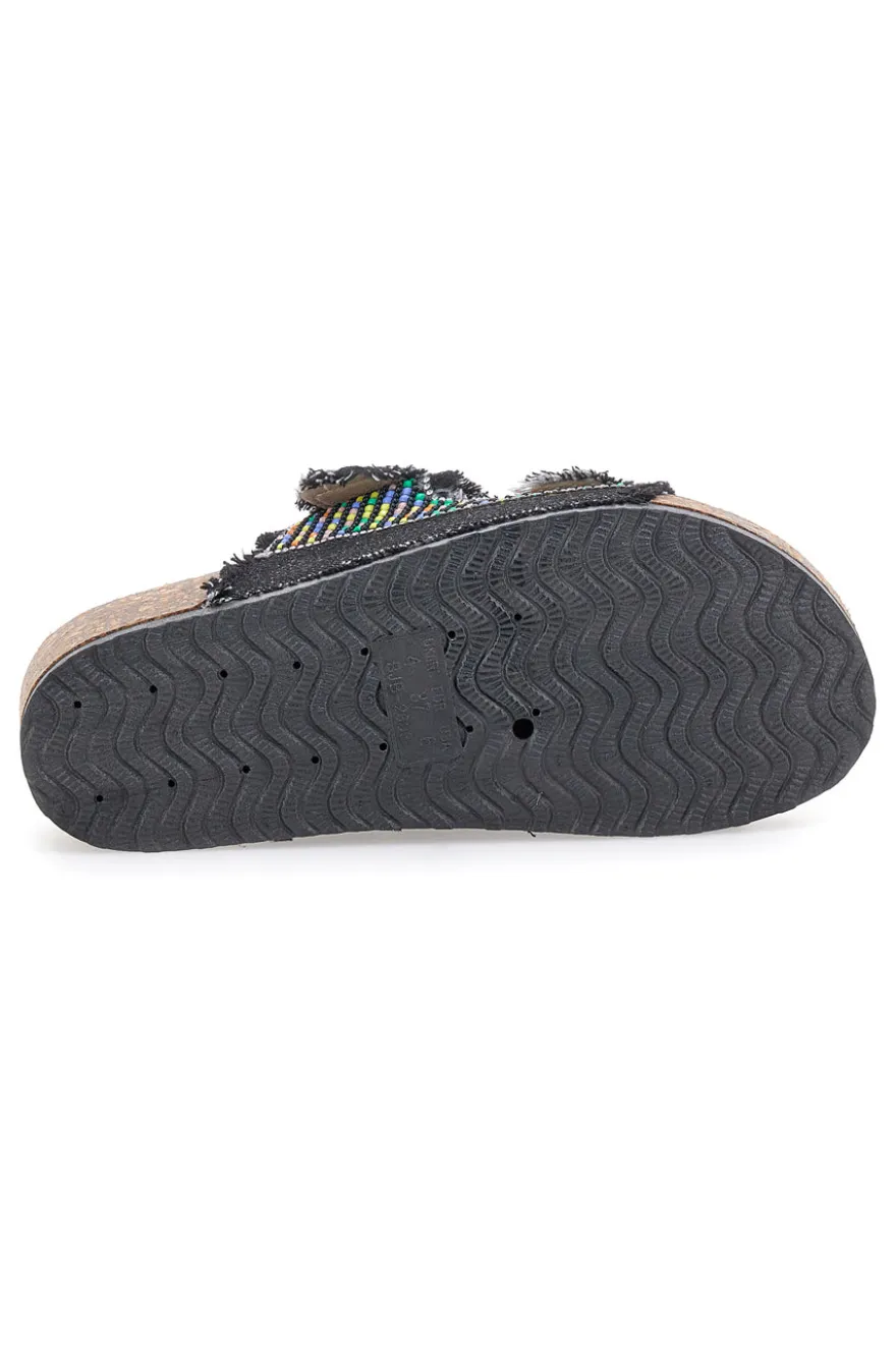 Sandali neri con perline multicolor e doppia fibbia Dame Rose APY66
