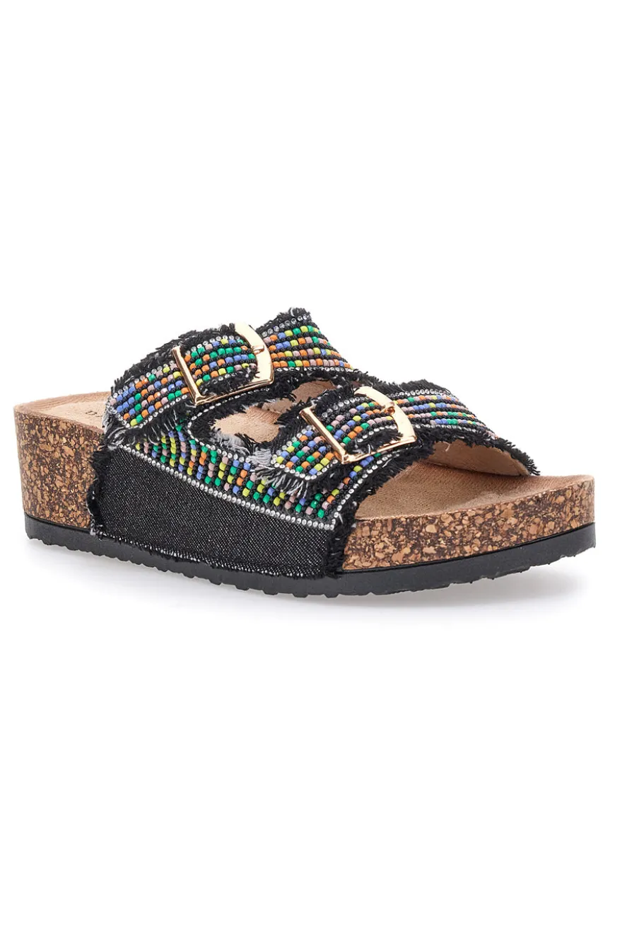 Sandali neri con perline multicolor e doppia fibbia Dame Rose APY66