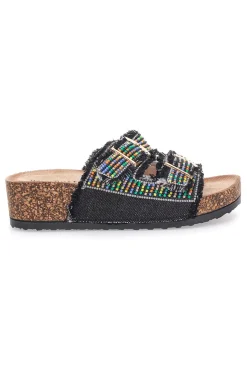 Sandali neri con perline multicolor e doppia fibbia Dame Rose APY66