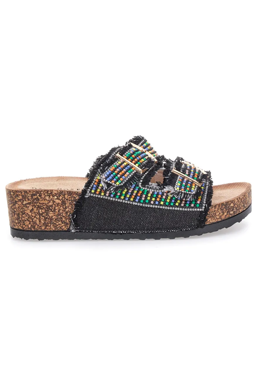 Sandali neri con perline multicolor e doppia fibbia Dame Rose APY66