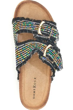 Sandali neri con perline multicolor e doppia fibbia Dame Rose APY66