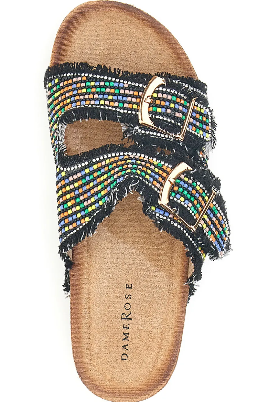 Sandali neri con perline multicolor e doppia fibbia Dame Rose APY66