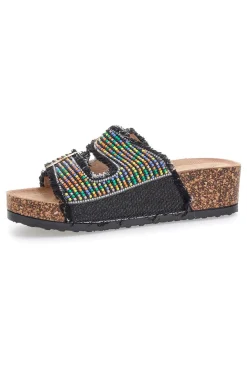 Sandali neri con perline multicolor e doppia fibbia Dame Rose APY66