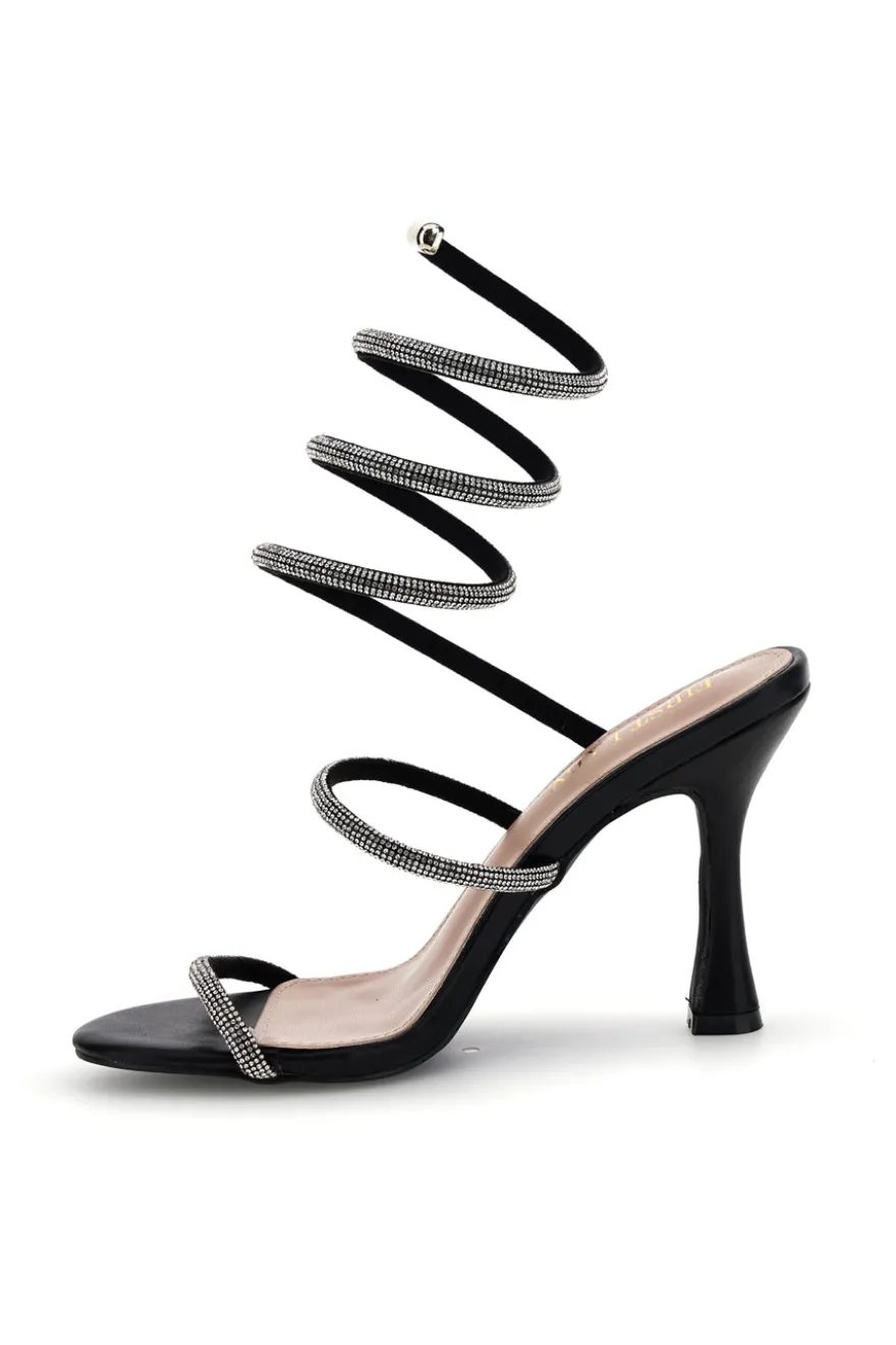 Sandali neri con strass e laccio a spirale First lady P711