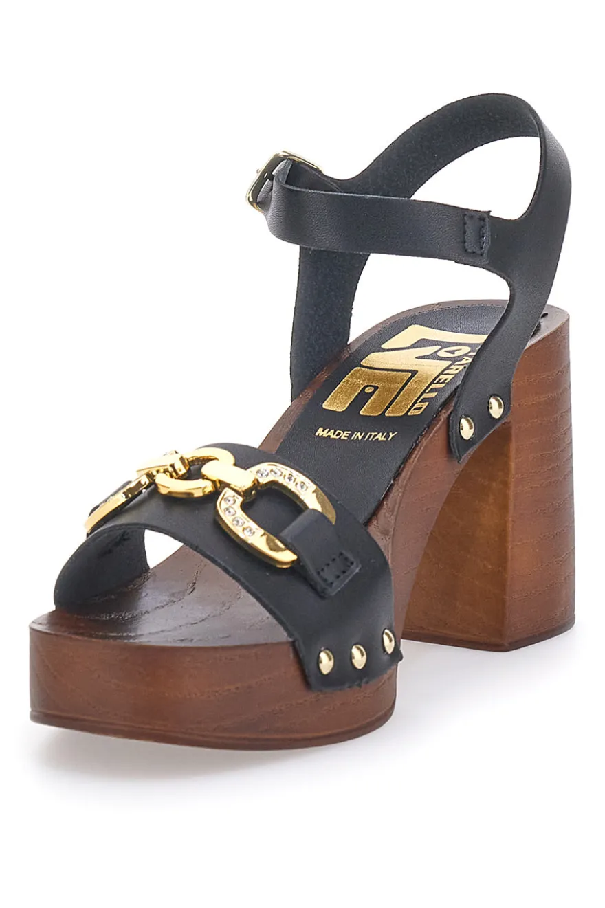 Sandali neri con tacco largo e catena dorata Pittarello Love 9086