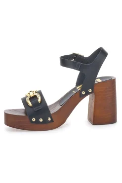 Sandali neri con tacco largo e catena dorata Pittarello Love 9086