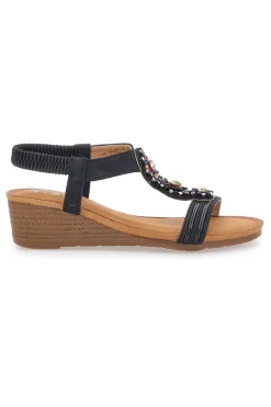 Sandali Neri Con Zeppa e Perline Prima Riga FT0893