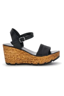 Sandali neri in pelle con zeppa effetto sughero e cinturino Pittarello 29733002