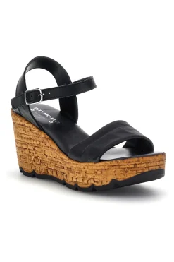 Sandali neri in pelle con zeppa effetto sughero e cinturino Pittarello 29733002
