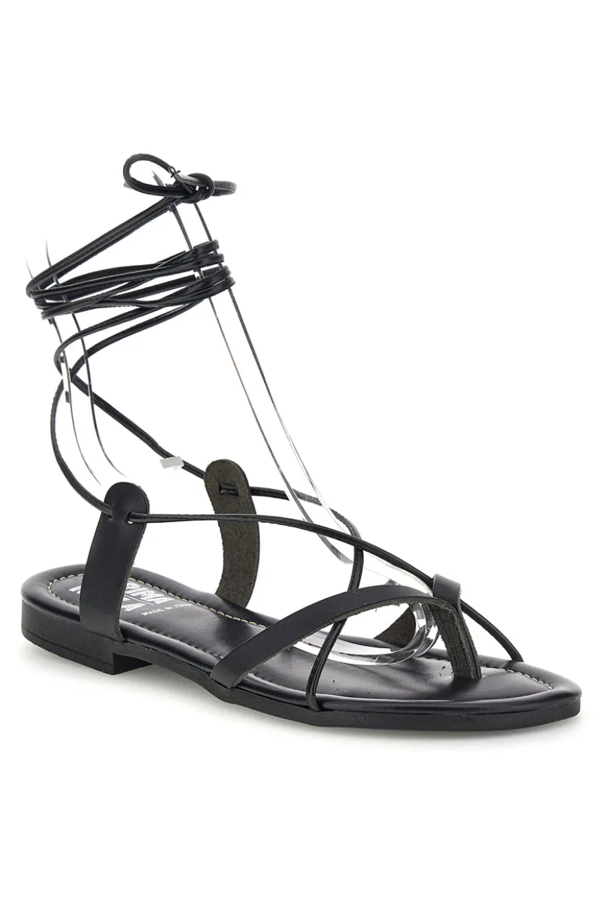 Sandali neri in vera pelle Made in Italy con lacci Prima riga 711
